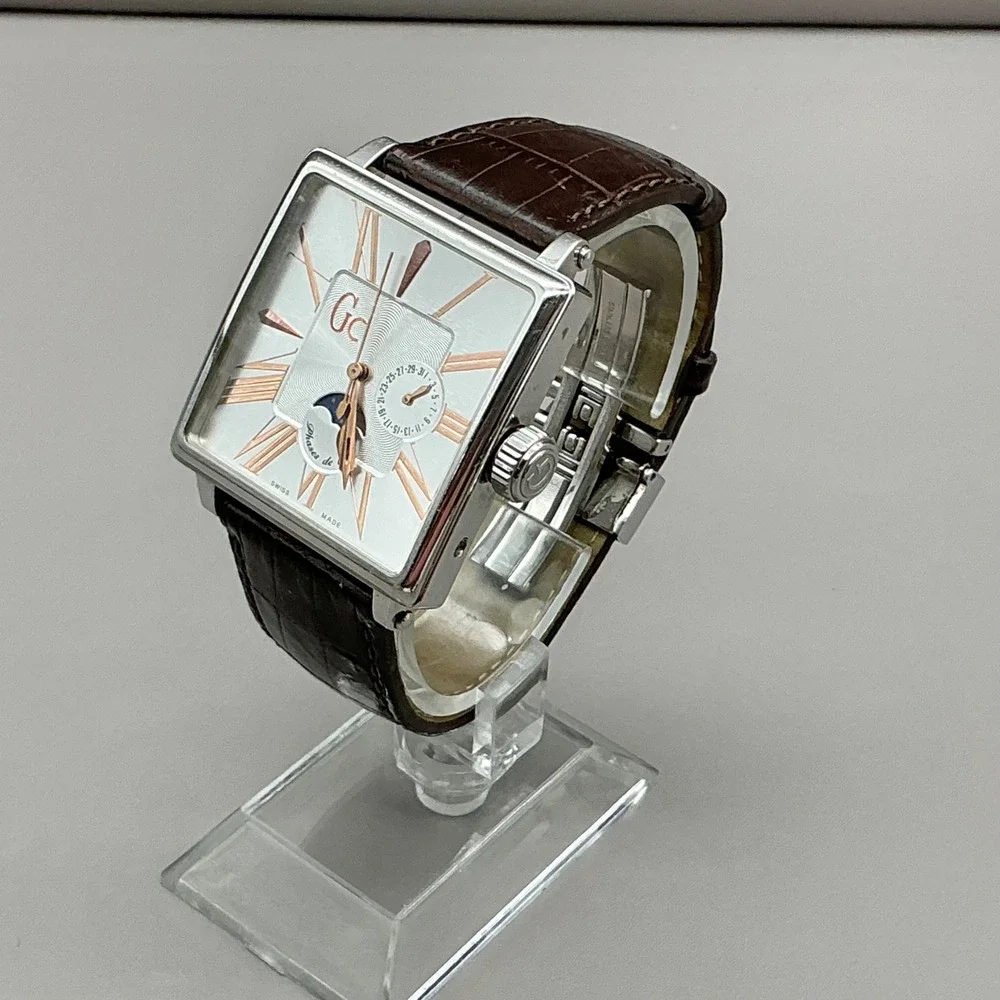GC Watch Men's GC34000 Swiss Moon Phase Square Brown Leather NEW BATTERY 38mm